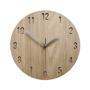 Minimalist Wooden Wall Clock, Modern Oak Clock, 11&#39;&#39; 28cm, Silent Clock, Home and Office Decor, Oval Engraved Numbers Clock, Naturdeco