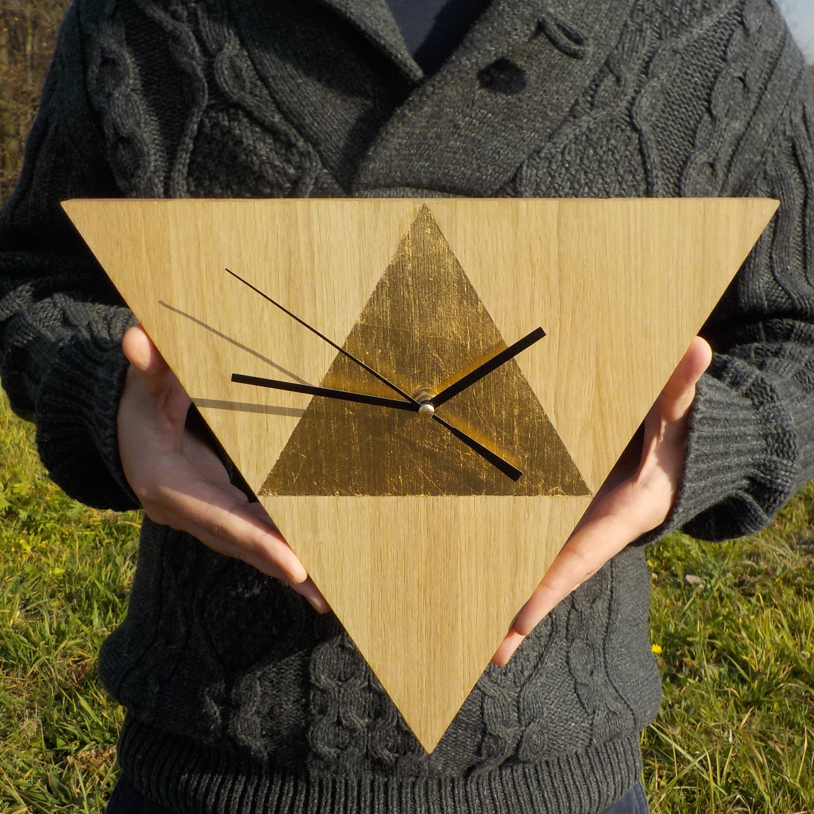 Triangle Wall Clock Gold Oak Clock Modern Clock | Etsy