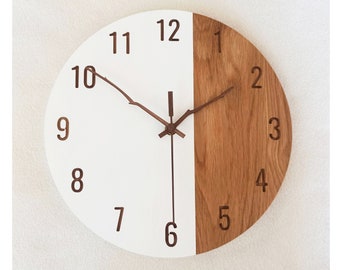 Oak Wood Wall Clock: White Resin Minimalist Silent Clock (11'' 28cm)