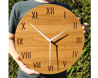 Warm shade Oak Clock, Roman Numbers, Modern Clock, 28cm (11''), Wall Clock, Wooden Wall Clock, Modern Wall Clock, Naturdeco