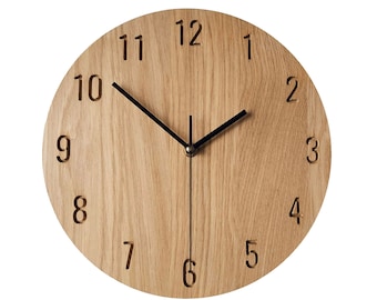 Modern Clock, Unique Wall Clock, Numbers Clock, Minimalist Oak Clock, 28 cm 11'', Wooden Wall Clock, Modern Wall Clock, Silent Clock