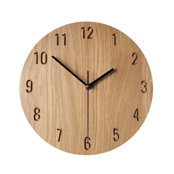 Silent Oak Wood Wall Clock, Minimalist Modern Design, 28cm 11in
