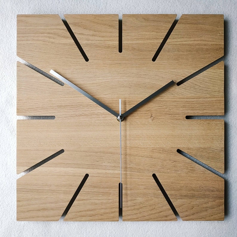 Square OAK Clock, 14'' 36cm, Wooden Wall Clock, Modern clock,Minimalist Clock, Silent clock, Naturdeco image 3