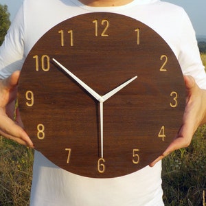Engraved Oak Wall Clock: Minimalist Walnut Finish, Silent Numbers Clock
