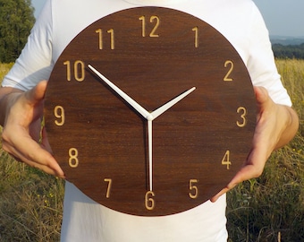 Oak Clock with Walnut Colour, Minimalist Clock, Walnut Colour Clock,Modern Clock, Unique Wall Clock, Numbers Clock, Engraved Wooden Clock