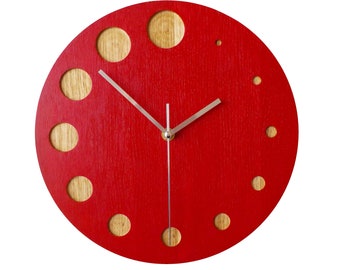 Red Wood Wall Clock, Minimalist Wall Clock, Clock for Wall, 11'' (28cm), Wood Clock, Modern Wall Clock, Handmade, Home Gift