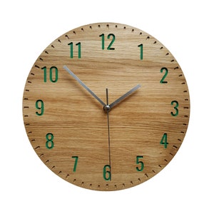 Oak Wooden Wall Clock: Green Resin Numbers, Silent Home Decor