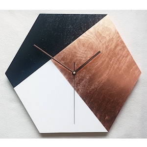 Hexagon Wood Clock, Copper Black White Clock, Wood Wall Clock, Home Gift, Silent Clock