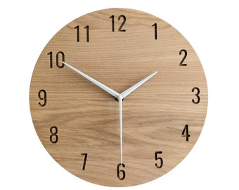Modern Clock, Natural Oak Wood Clock, Wooden, Wall Clock, Minimalist Clock, 28cm 11&#39;&#39;, Silent Clock Mechanism, Handmade, Naturdeco