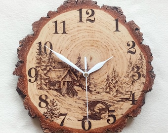 Wood Slice Clock, 11'' 28cm, Wall Burning Clock