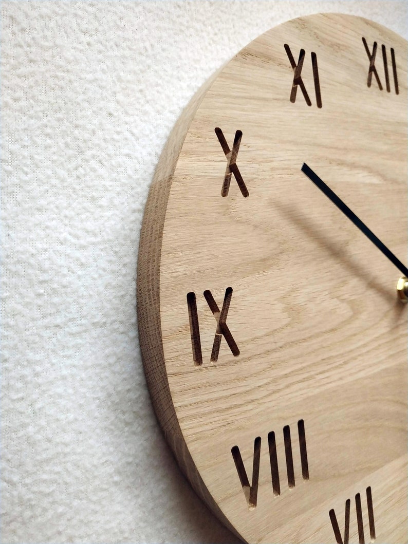 Roman Numeral Clock, Wood Wall Clock, Wall Clock, Minimalist Clock, Silent Clock, Engraving Numbers Clock, Naturdeco image 2