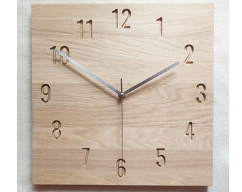 Square Silent Clock, 14'' 36cm, Numbers Square Wood Clock, Oak Clock, Wooden Wall Clock, Modern clock, Minimalist Clock, Naturdeco