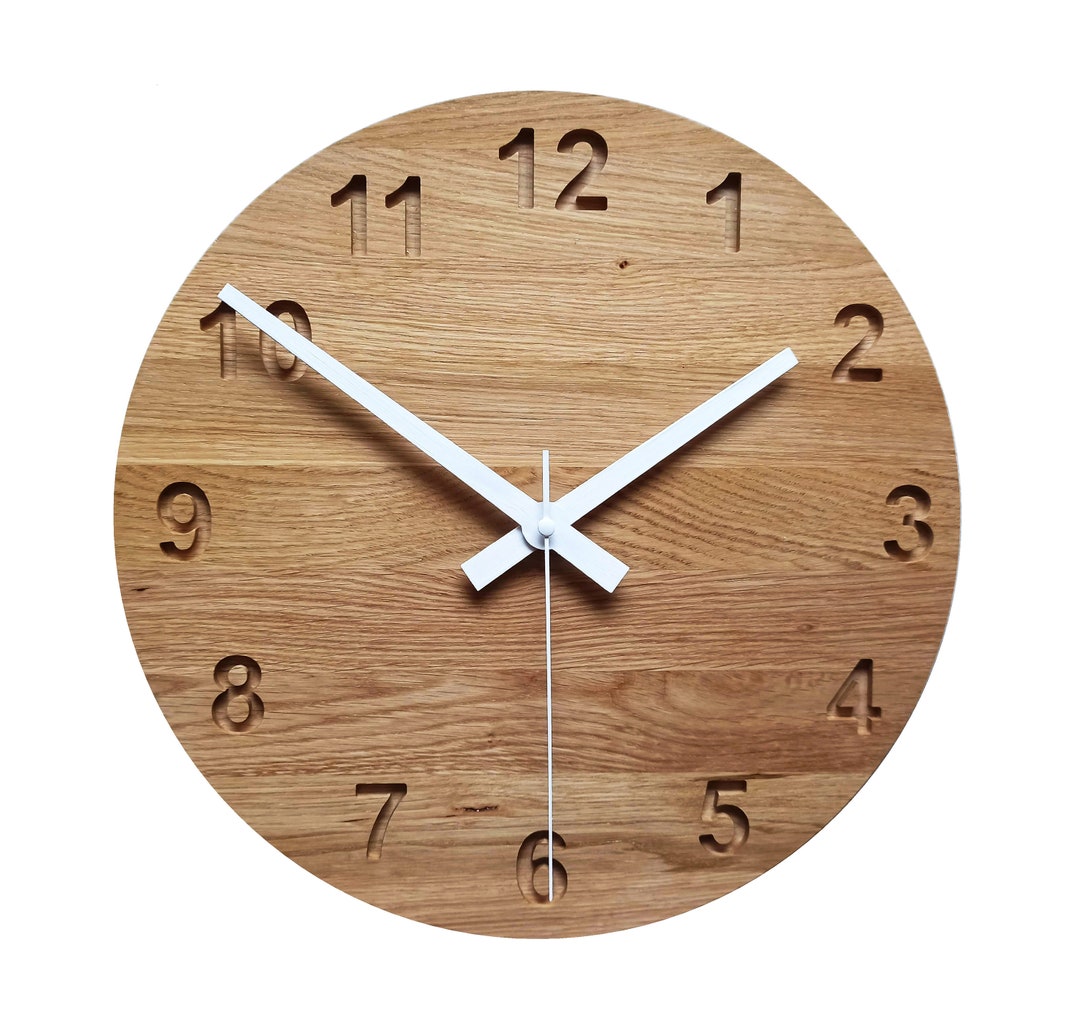Oak Resin Wood Clock, 14'' 36cm, White Clock Hands, Silent Clock, Large ...