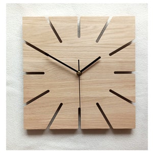 Square Oak Clock, 11'' 28cm, Silent Wall Clock, Minimalist Style, Handmade,  Naturdeco