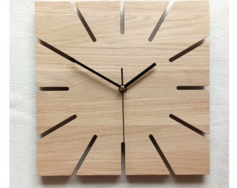 Square Oak Clock, 11'' 28cm, Silent Wall Clock, Minimalist Style, Handmade,  Naturdeco