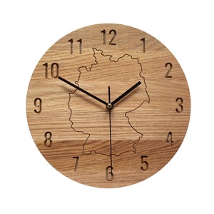 Oak Wood Wall Clock: Engraved Germany Map, Silent Modern Decor (11&#39;&#39;)
