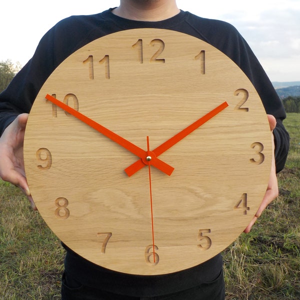 Minimalist Wood Clock, 14'' 36cm, Oak Clock, Modern Clock, Large Wall Clock, Numbers Clock, Wooden Wall Clock, Modern Wall Clock