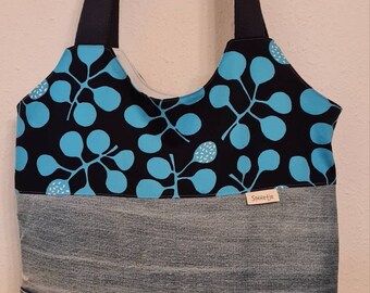 Retro Shopper Basic- Damals.... Jeans & blaue Blumen I- Beuteltasche - Schultertasche - Einkaufstasche - Henkeltasche