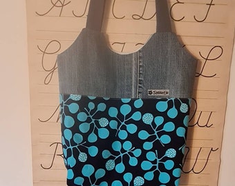 Retro Shopper Basic- Damals.... Jeans & blaue Blumen II- Beuteltasche - Schultertasche - Einkaufstasche - Henkeltasche