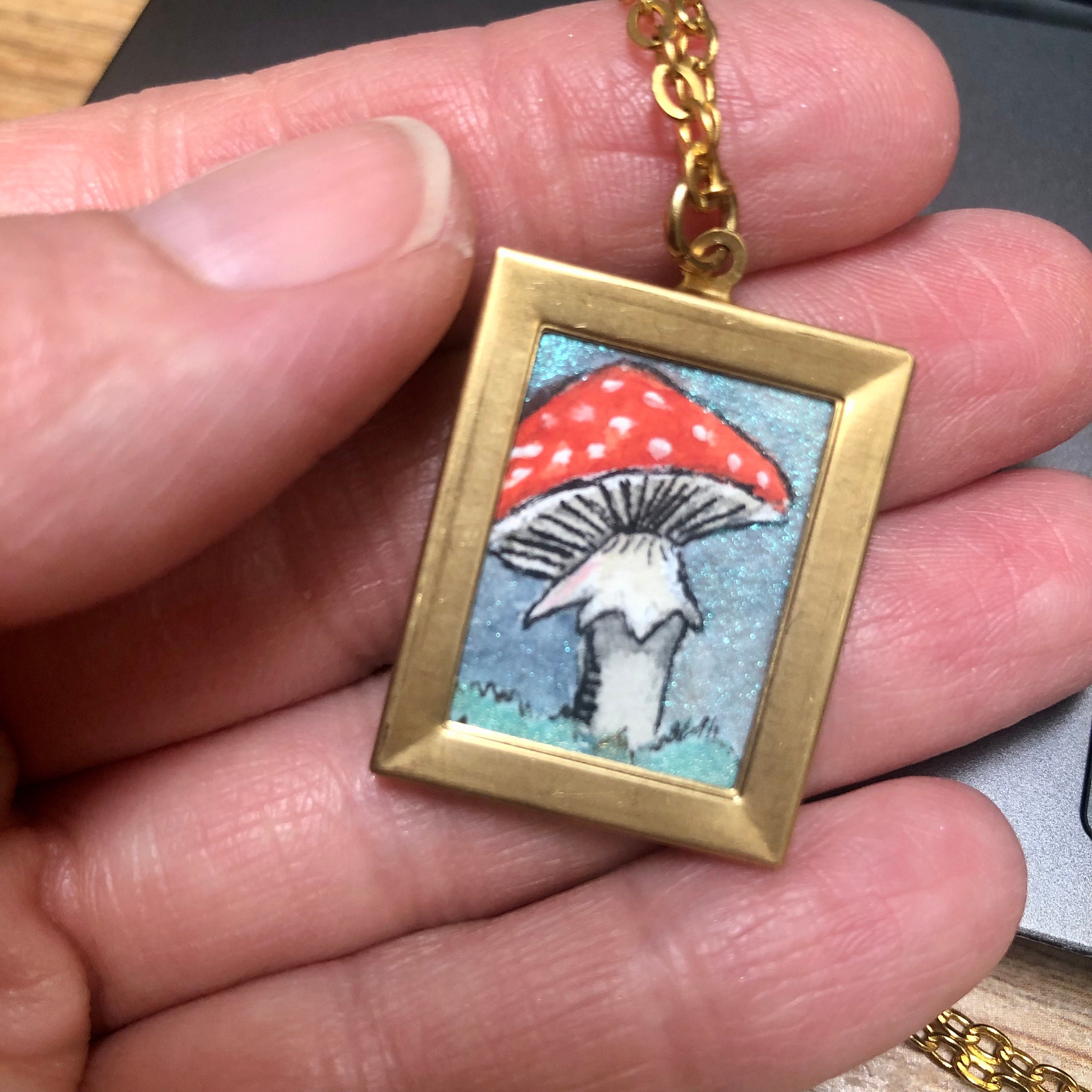 Watercolor Mushroom Miniature Art Necklace, Hand Painted, Tiny Painting