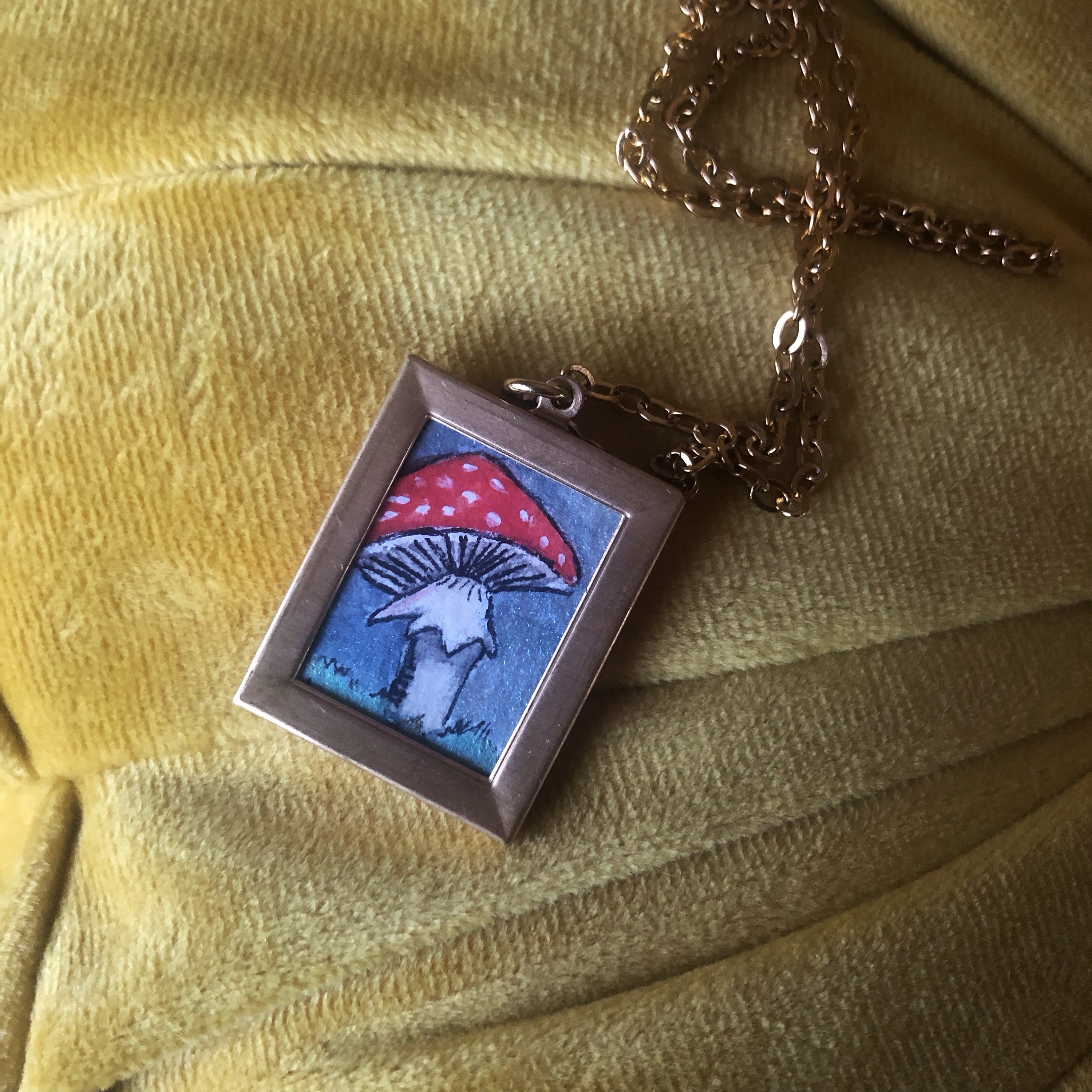 Watercolor Mushroom Miniature Art Necklace, Hand Painted, Tiny Painting