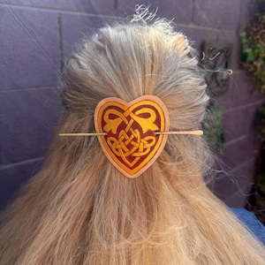 Handmade Celtic Heart Leather Hair Slide, Artisan Bronze Hair Stick, Tooled Leather Barrette, Leather Hair Pin for an Effortless Bun