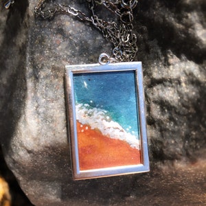 Watercolor Beach Painting Necklace: Framed Wearable Art, Silver Frame