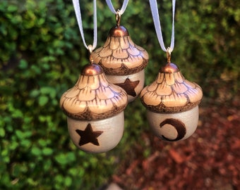 Wooden Acorn Ornaments, Holiday Decor, Christmas Ornament, Fall and Winter, Yule, Woodburning Art, Pyrography, Charm