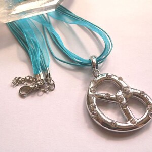 Peut inclure: Un collier avec un pendentif en forme de bretzel argent&eacute; orn&eacute; de strass transparents, suspendu &agrave; un ruban bleu turquoise.