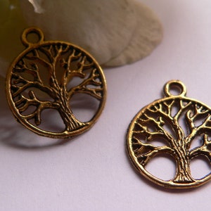 Peut inclure: Deux breloques en métal doré en forme d'arbre de vie. Chaque breloque est un cercle avec un design d'arbre détaillé.