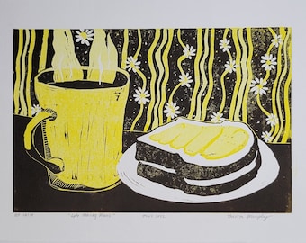 tea and toast original reduction linocut 10x14 morning plans limited edition 10"x14" print