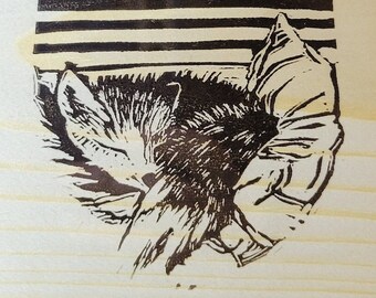 slumber fox hand-carved lino print 4x5 linocut block printmaking art ink woodland cozy sleep