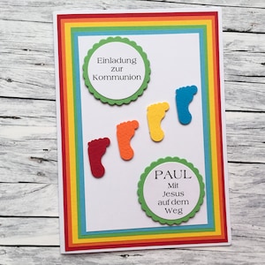 Einladungskarte zur  Kommunion mit Regenbogen und Füßen (Mit Jesus auf dem Weg),  Kommunion, Einladung, Einladung Kommunion, Konfirmation