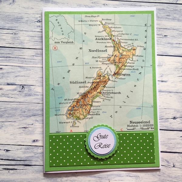 Grußkarte "Gute Reise" (Neuseeland),  Reisekarte , Reisegutschein, Gutschein, Reise, Neuseeland, Wellington, Auckland,