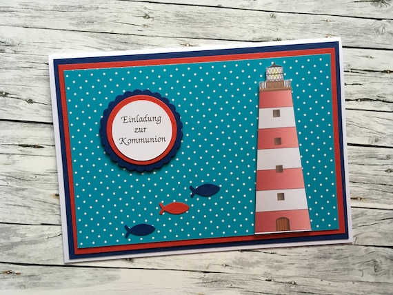 Einladungskarte Zur Kommunion Mit Leuchtturm Etsy Einladungskarten Für Familienfeiern