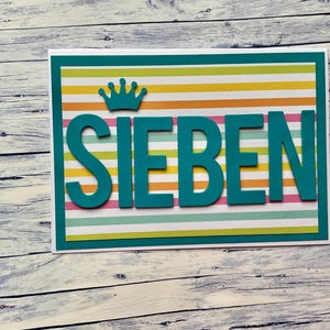 Glückwunschkarte zum Kindergeburtstag, 7.  Geburtstag, SIEBEN, Glückwunschkarte zum siebten Geburtstag, Kindergeburtstag,
