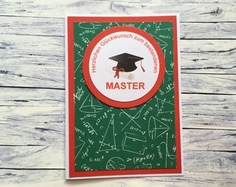 Glückwunschkarte zum Master,  Master, bestandene Prüfung, Prüfung, Masterprüfung, Universitätsabschluss, Examen, Abschlussprüfung,