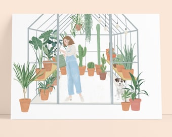 Postcard, Greenhouse, Plants Woman