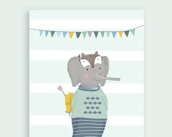 Baby Poster, Kinderzimmer Bild, A4, Geschenk zur Geburt, Elefant