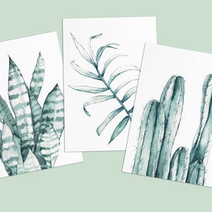 Postcards with plants watercolor, set of 3 cactus, palm, agave image 1