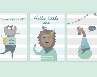 Baby Poster für das Kinderzimmer, 3 Bilder, A4,  Party Tiere