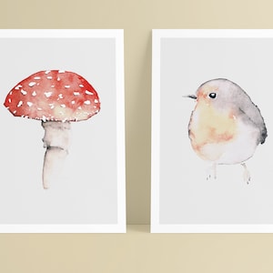 Postkarten im 2er Set, skandinavisch, Fliegenpilz und Vogel