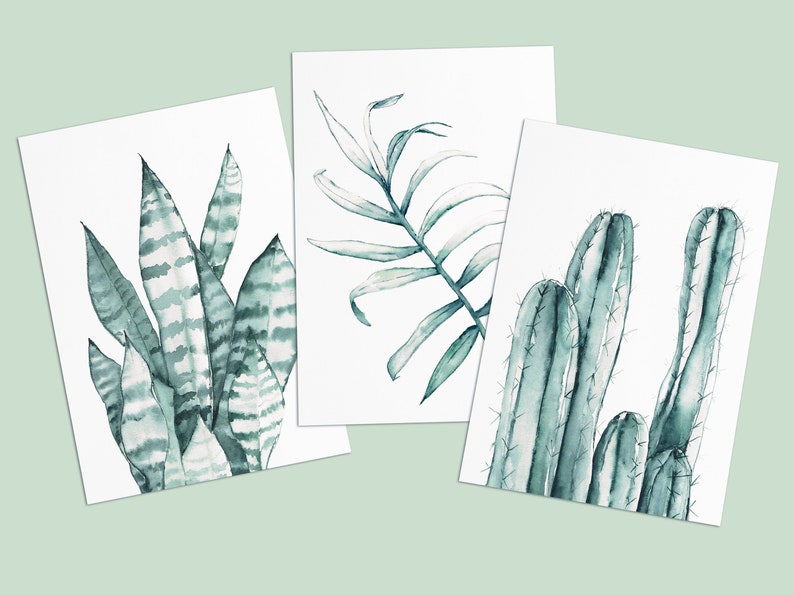 Postcards with plants watercolor, set of 3 cactus, palm, agave image 1