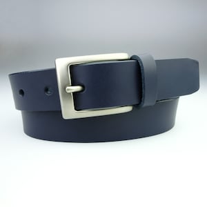 Navy Blue Leather Belt - Raw Edge Vegetable Tanned Leather - Matt Nickel Buckle - Made In UK