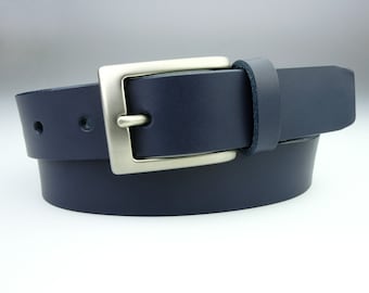 Navy Blue Leather Belt - Raw Edge Vegetable Tanned Leather - Matt Nickel Buckle - Made In UK