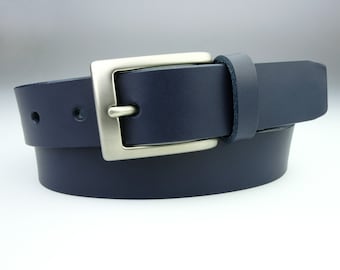 Navy Blue Leather Belt: Raw Edge Vegetable Tanned, Made in UK