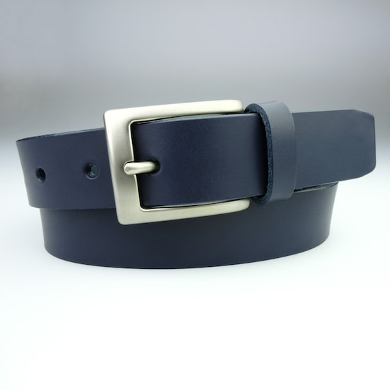 Navy Blue Leather Belt: Raw Edge Vegetable Tanned, Made in UK
