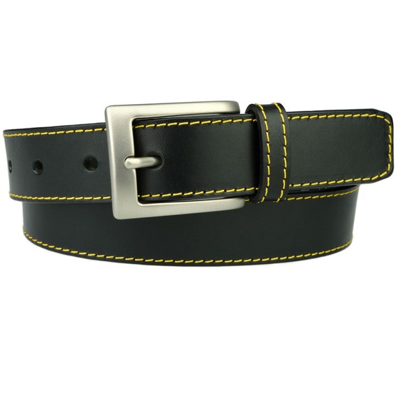 Retro Yellow Stitch Black Leather Belt - Etsy