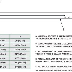May include: A diagram showing how to measure a belt. The diagram shows a belt with a buckle and multiple holes. The diagram includes a table with belt sizes and corresponding measurements in inches and centimeters.