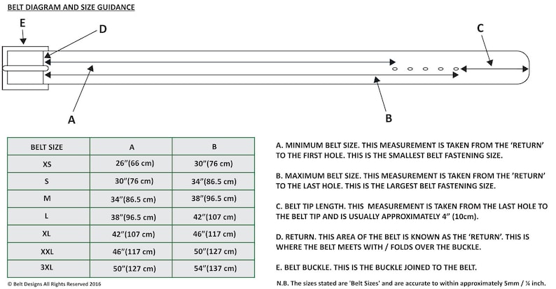 May include: A diagram showing how to measure a belt. The diagram shows a belt with a buckle and multiple holes. The diagram includes a table with belt sizes and corresponding measurements in inches and centimeters.